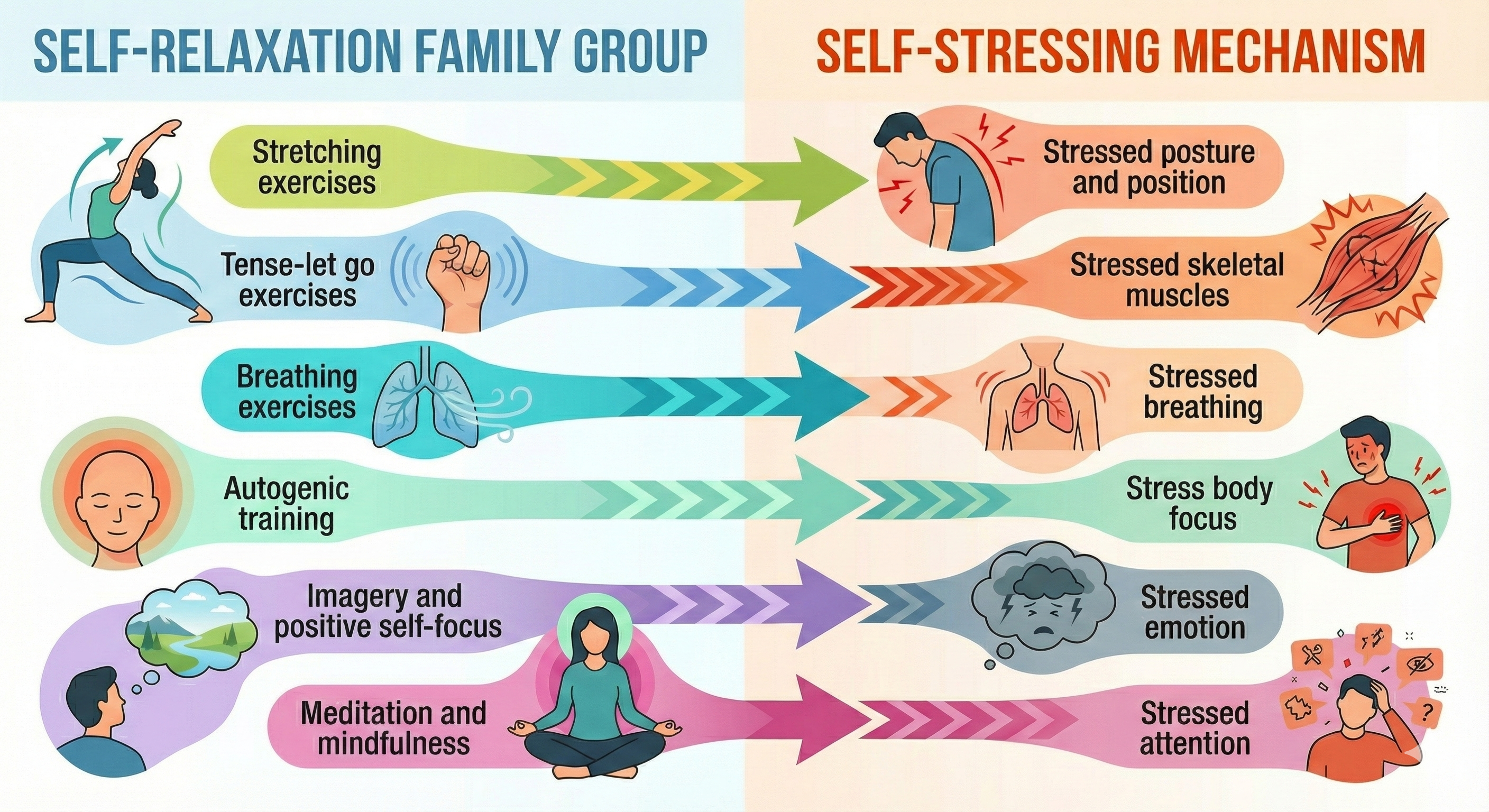 Table mapping relaxation technique families to the self-stressing mechanisms they target
